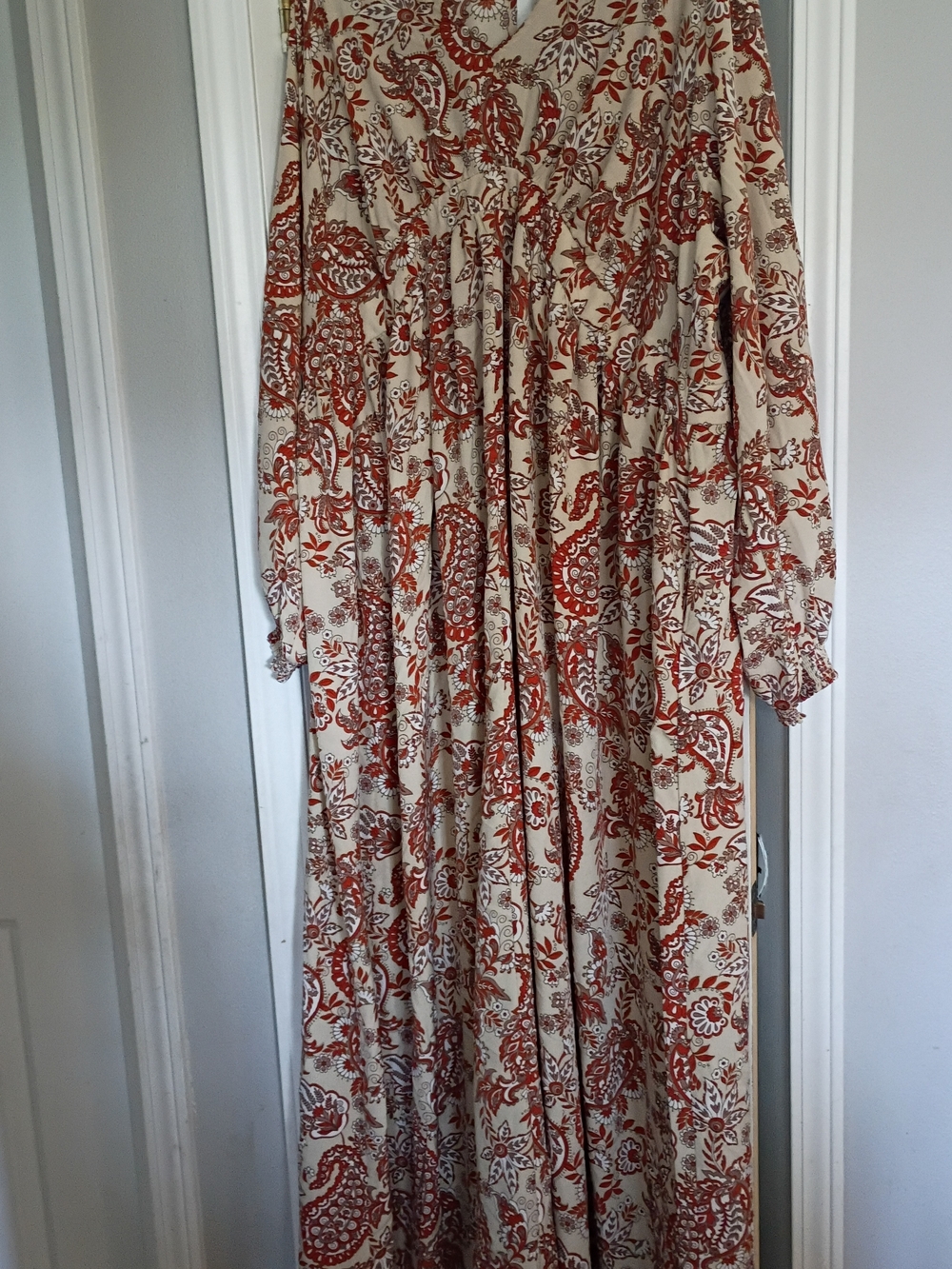 Unique Vintage Cream Maxi Dress with Rust Floral Paisley